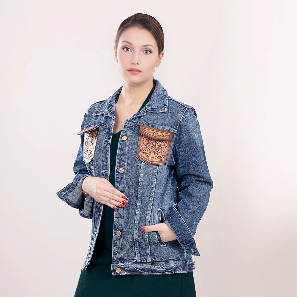 ADJKT004 Genuine leather Hand tooled hand carved Women 100% cotton Denim jacket  dress ladies girl