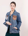 ADJKT004 Genuine leather Hand tooled hand carved Women 100% cotton Denim jacket  dress ladies girl
