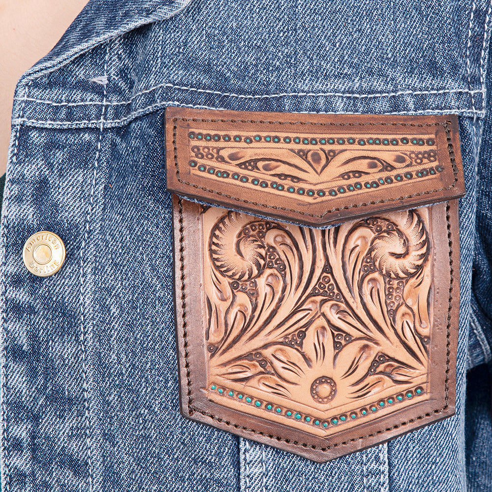 ADJKT004 Genuine leather Hand tooled hand carved Women 100% cotton Denim jacket  dress ladies girl