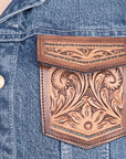 ADJKT004 Genuine leather Hand tooled hand carved Women 100% cotton Denim jacket  dress ladies girl