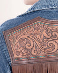 ADJKT004 Genuine leather Hand tooled hand carved Women 100% cotton Denim jacket  dress ladies girl