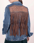 ADJKT004 Genuine leather Hand tooled hand carved Women 100% cotton Denim jacket  dress ladies girl