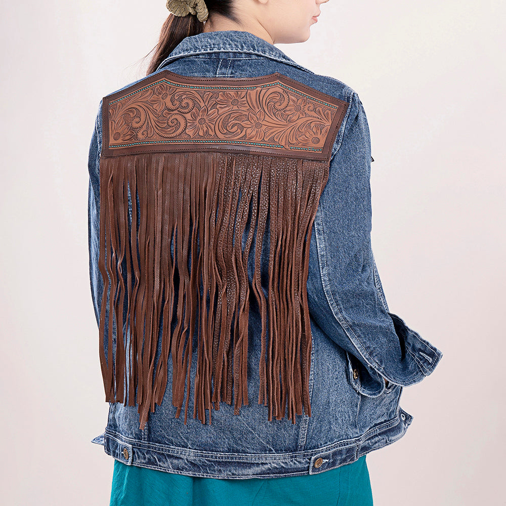 ADJKT004 Genuine leather Hand tooled hand carved Women 100% cotton Denim jacket  dress ladies girl