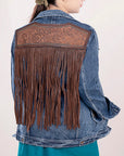 ADJKT004 Genuine leather Hand tooled hand carved Women 100% cotton Denim jacket  dress ladies girl