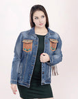 ADJKT006 Genuine leather Hand tooled hand carved Women 100% cotton Denim jacket  dress ladies girl