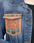 ADJKT006 Genuine leather Hand tooled hand carved Women 100% cotton Denim jacket  dress ladies girl