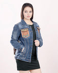 ADJKT006 Genuine leather Hand tooled hand carved Women 100% cotton Denim jacket  dress ladies girl