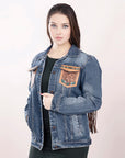 ADJKT006 Genuine leather Hand tooled hand carved Women 100% cotton Denim jacket  dress ladies girl