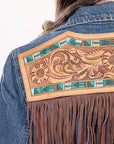 ADJKT006 Genuine leather Hand tooled hand carved Women 100% cotton Denim jacket  dress ladies girl