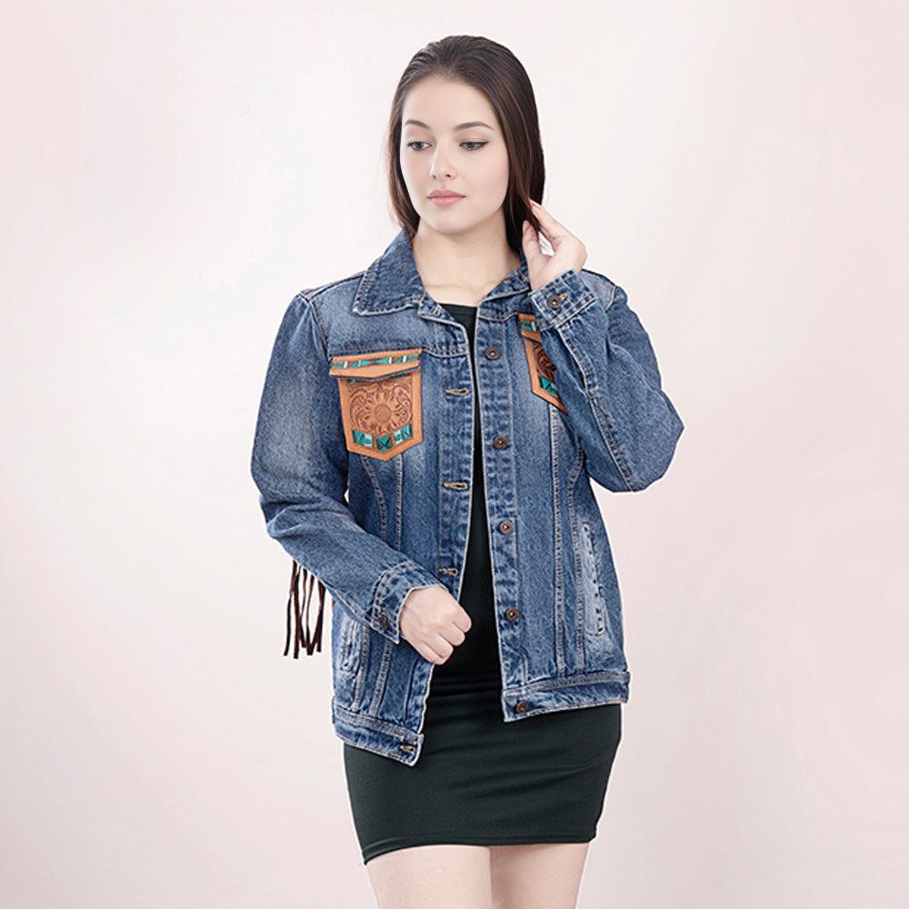 ADJKT006 Genuine leather Hand tooled hand carved Women 100% cotton Denim jacket  dress ladies girl
