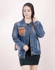 ADJKT006 Genuine leather Hand tooled hand carved Women 100% cotton Denim jacket  dress ladies girl