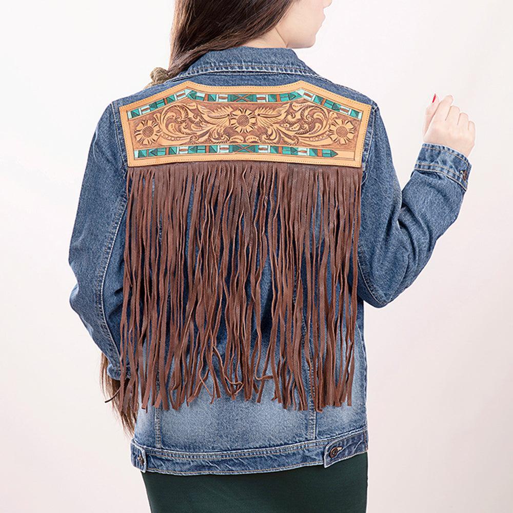 ADJKT006 Genuine leather Hand tooled hand carved Women 100% cotton Denim jacket  dress ladies girl