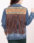 ADJKT006 Genuine leather Hand tooled hand carved Women 100% cotton Denim jacket  dress ladies girl