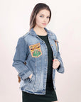 ADJKT007 Genuine leather Hand tooled hand carved Women 100% cotton Denim jacket  dress ladies girl
