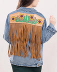 ADJKT007 Genuine leather Hand tooled hand carved Women 100% cotton Denim jacket  dress ladies girl