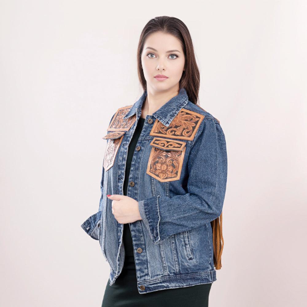 ADJKT010 Genuine leather Hand tooled hand carved Women 100% cotton Denim jacket  dress ladies girl