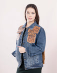ADJKT010 Genuine leather Hand tooled hand carved Women 100% cotton Denim jacket  dress ladies girl