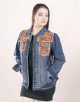 ADJKT008 Genuine leather Hand tooled hand carved Women 100% cotton Denim jacket  dress ladies girl
