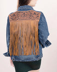 ADJKT008 Genuine leather Hand tooled hand carved Women 100% cotton Denim jacket  dress ladies girl