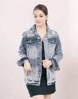 ADJKT010 Genuine leather Hand tooled hand carved Women 100% cotton Denim jacket  dress ladies girl