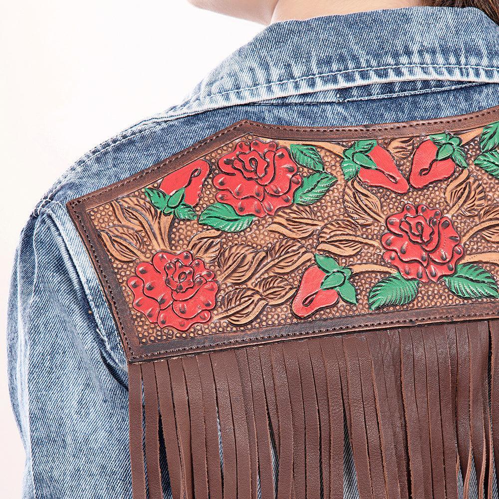 ADJKT010 Genuine leather Hand tooled hand carved Women 100% cotton Denim jacket  dress ladies girl