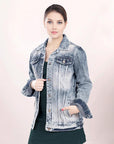 ADJKT010 Genuine leather Hand tooled hand carved Women 100% cotton Denim jacket  dress ladies girl