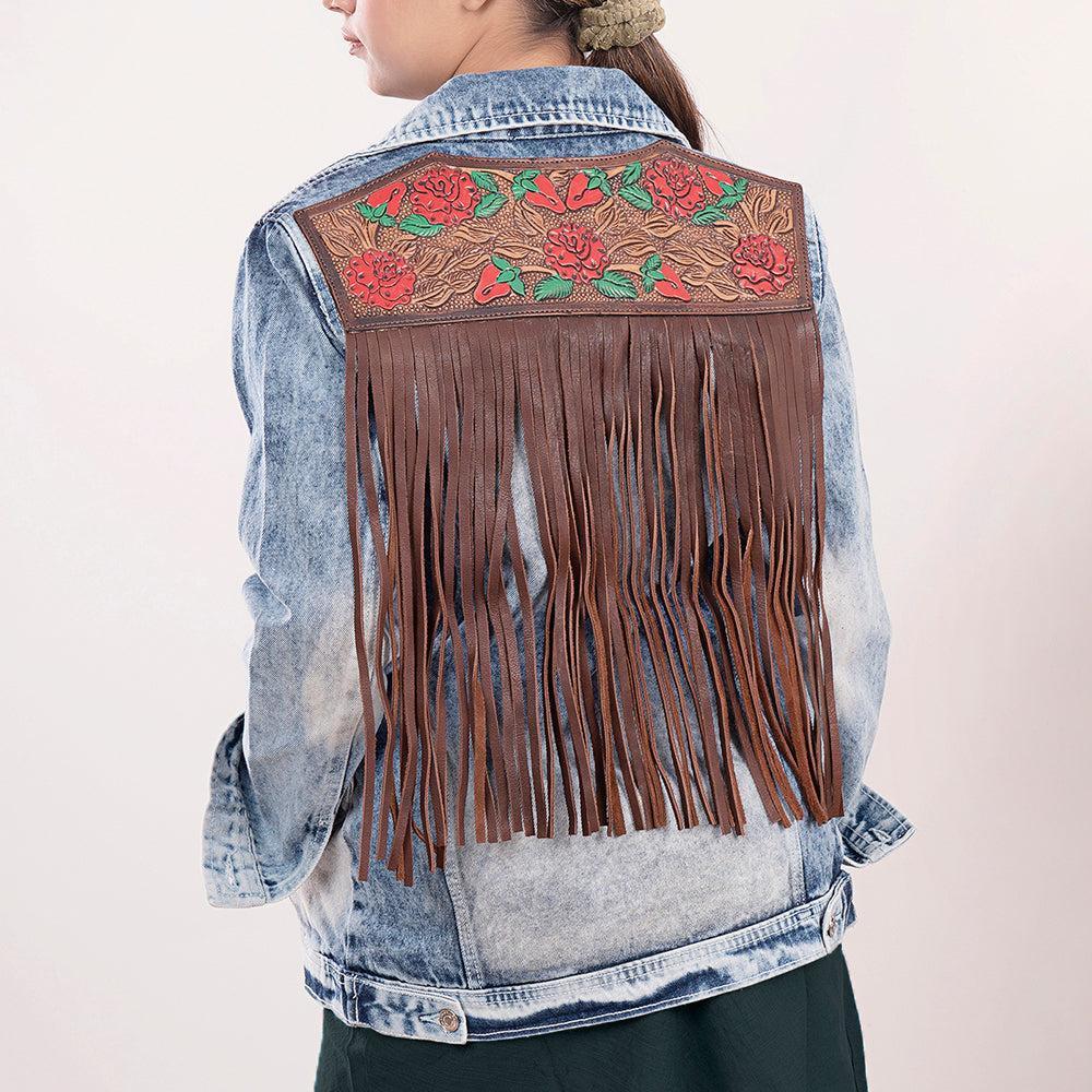 ADJKT010 Genuine leather Hand tooled hand carved Women 100% cotton Denim jacket  dress ladies girl