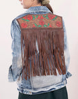 ADJKT010 Genuine leather Hand tooled hand carved Women 100% cotton Denim jacket  dress ladies girl