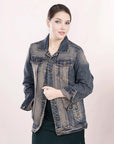 ADJKT011 Genuine leather Hand tooled hand carved Women 100% cotton Denim jacket  dress ladies girl