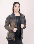 ADJKT012 Genuine leather Hand tooled hand carved Women 100% cotton Denim jacket  dress ladies girl