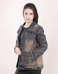 ADJKT012 Genuine leather Hand tooled hand carved Women 100% cotton Denim jacket  dress ladies girl