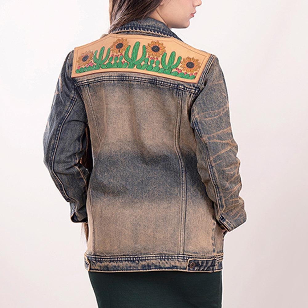 ADJKT012 Genuine leather Hand tooled hand carved Women 100% cotton Denim jacket  dress ladies girl