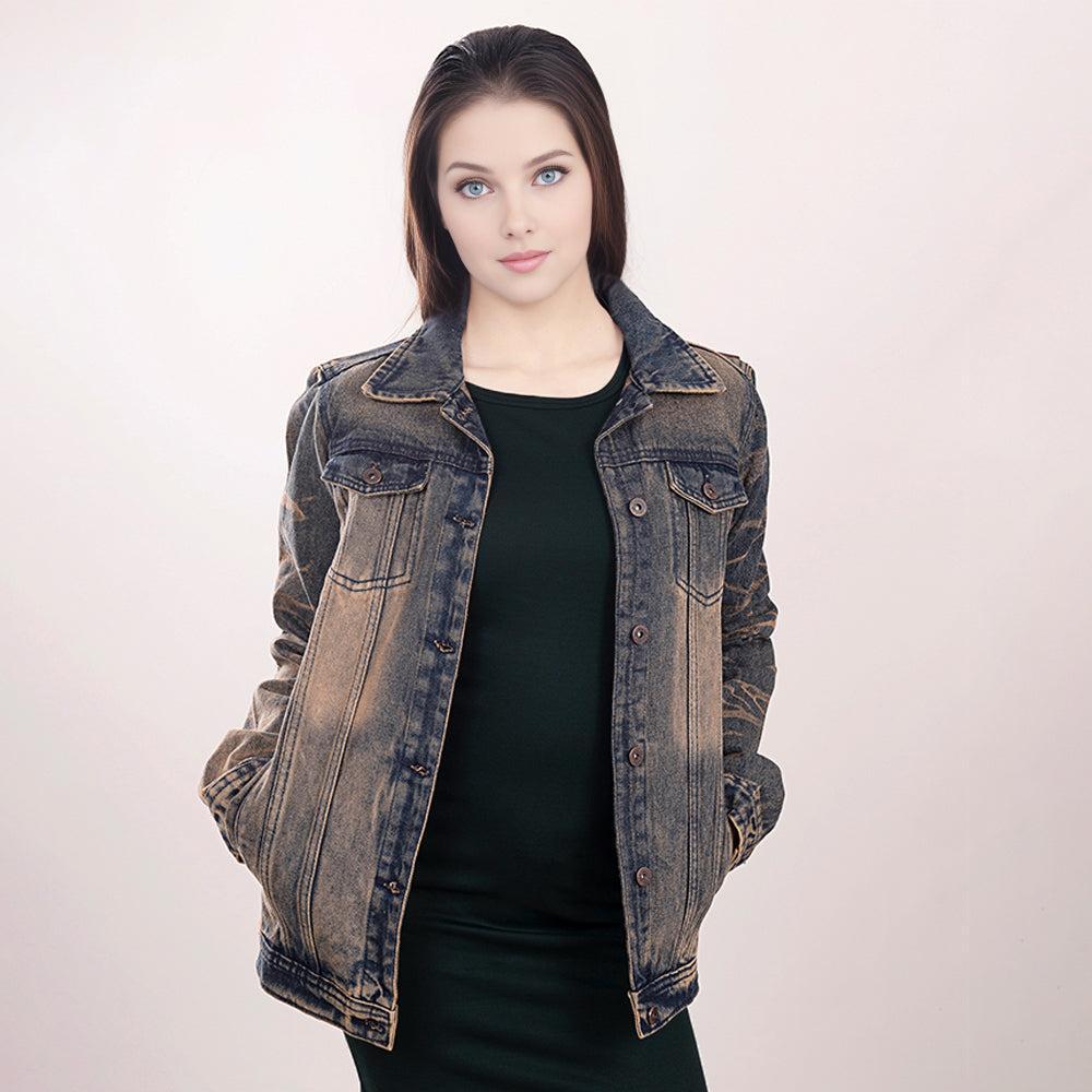 ADJKT012 Genuine leather Hand tooled hand carved Women 100% cotton Denim jacket  dress ladies girl