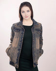 ADJKT012 Genuine leather Hand tooled hand carved Women 100% cotton Denim jacket  dress ladies girl