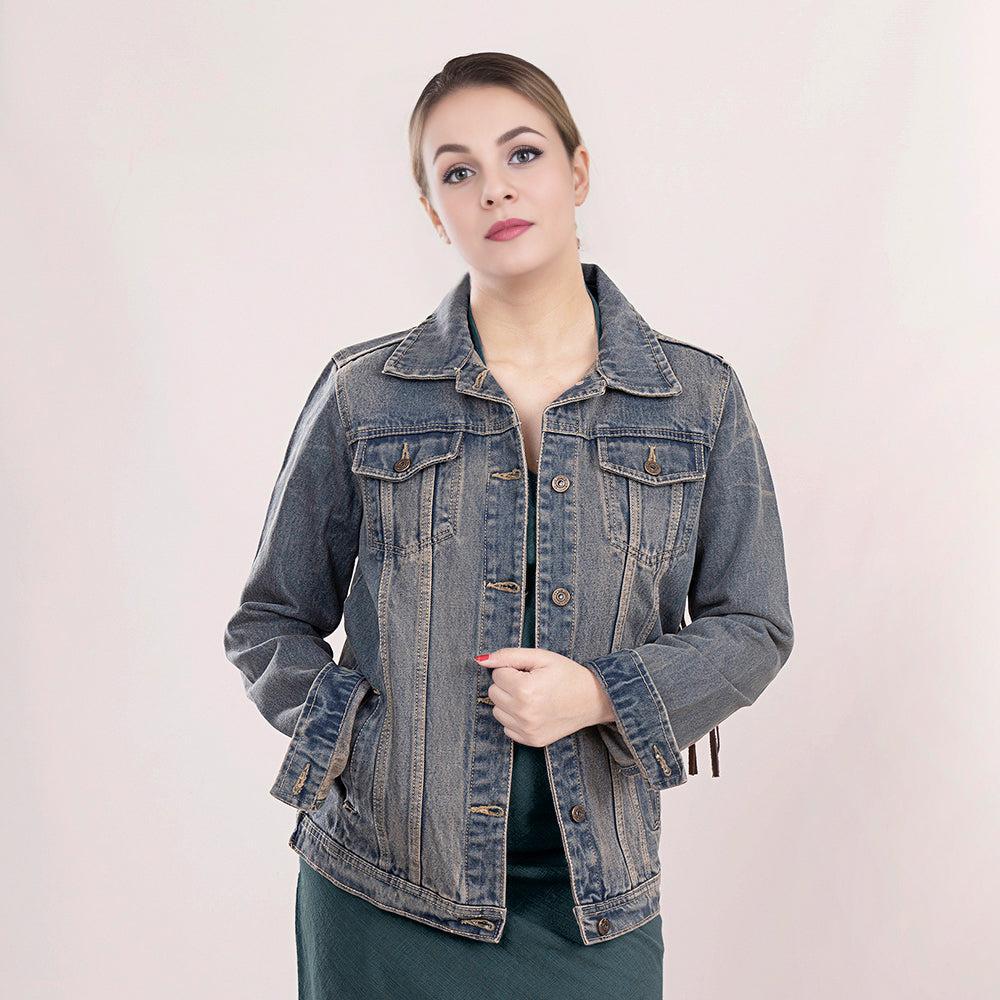 ADJKT013 Genuine leather Hand tooled hand carved Women 100% cotton Denim jacket  dress ladies girl