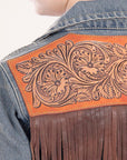 ADJKT013 Genuine leather Hand tooled hand carved Women 100% cotton Denim jacket  dress ladies girl