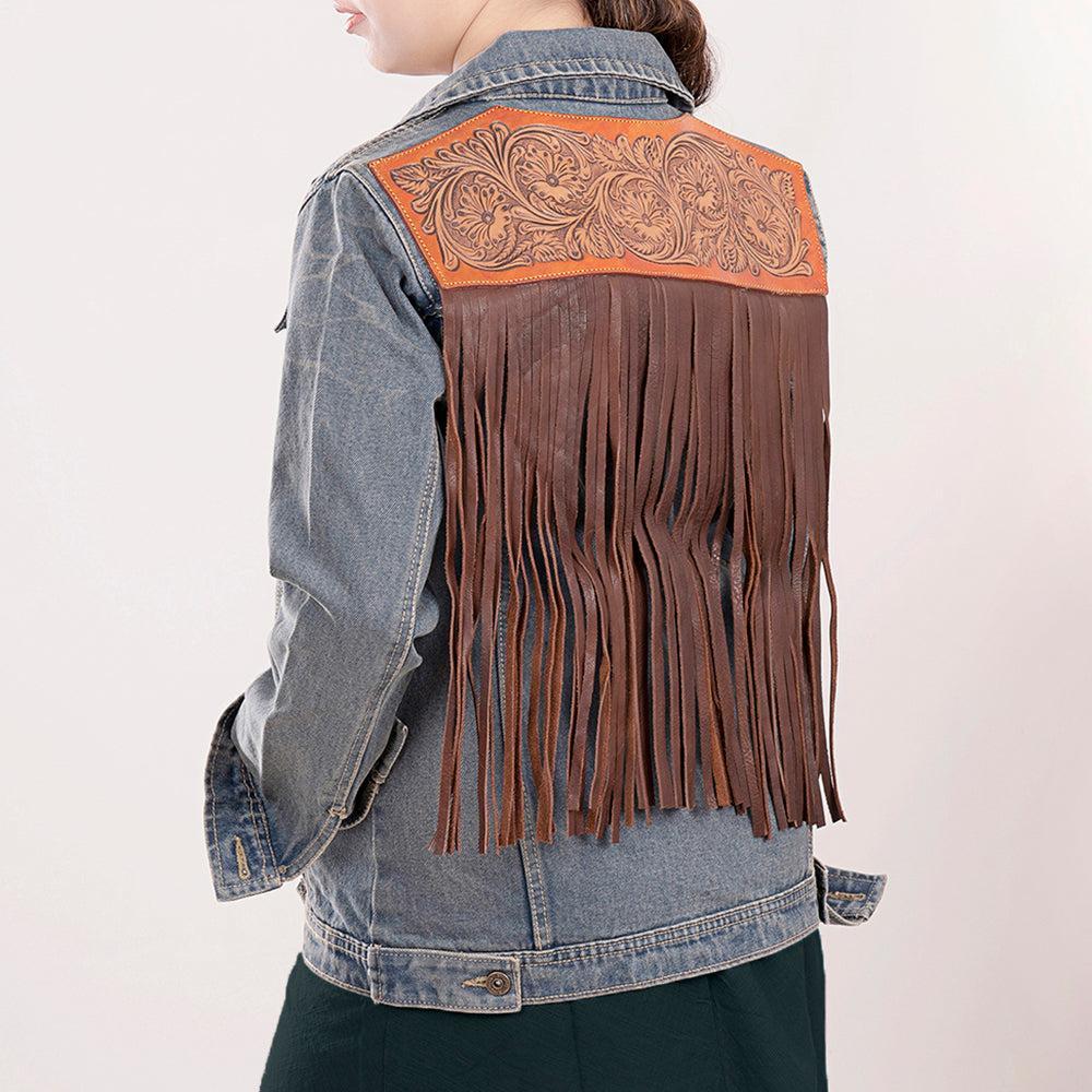 ADJKT013 Genuine leather Hand tooled hand carved Women 100% cotton Denim jacket  dress ladies girl