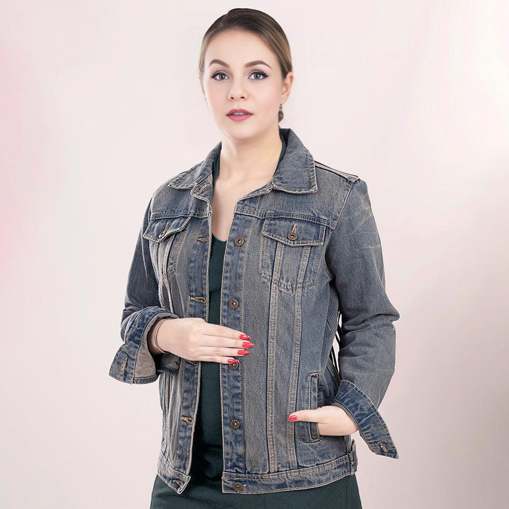 ADJKT013 Genuine leather Hand tooled hand carved Women 100% cotton Denim jacket  dress ladies girl