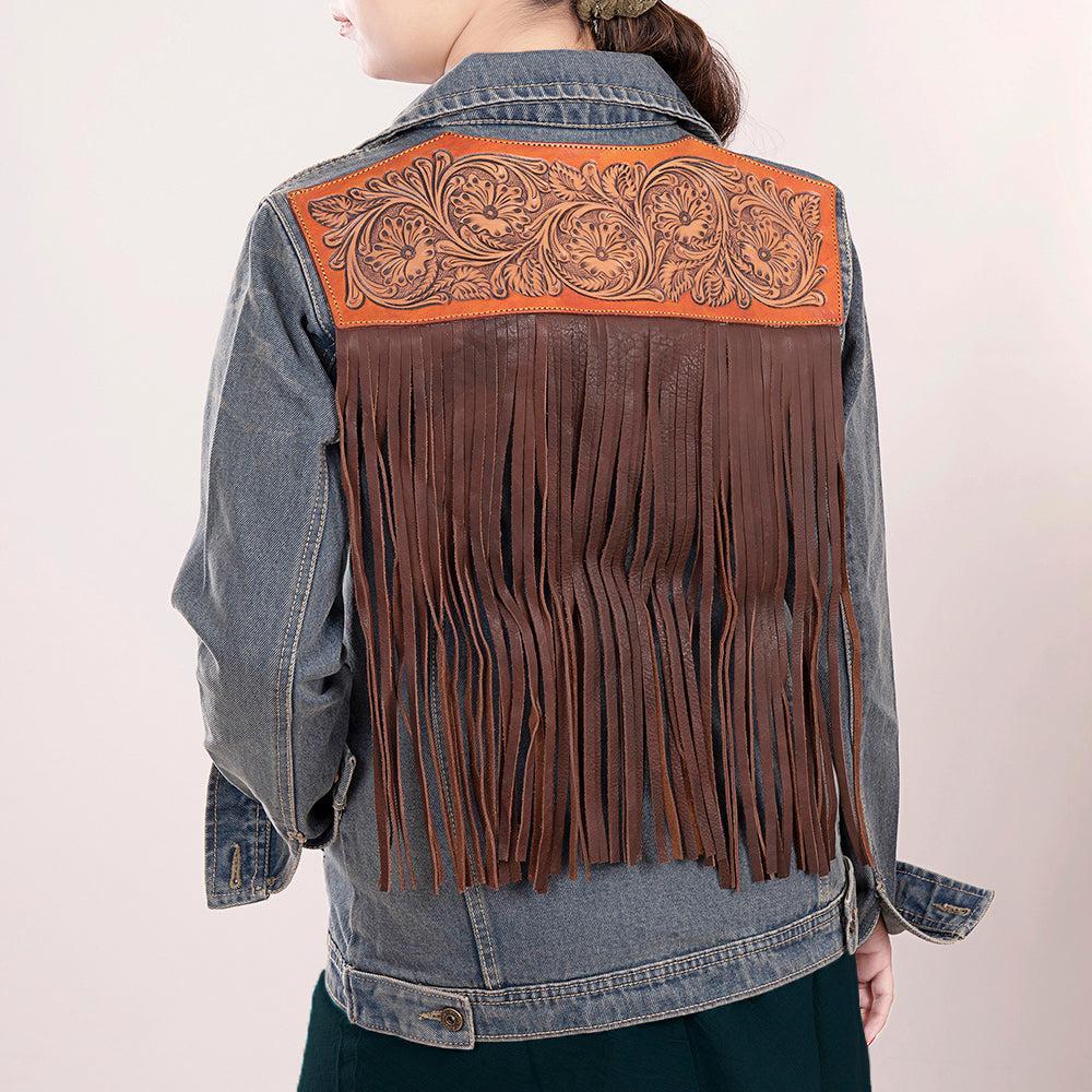 ADJKT013 Genuine leather Hand tooled hand carved Women 100% cotton Denim jacket  dress ladies girl