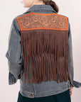 ADJKT013 Genuine leather Hand tooled hand carved Women 100% cotton Denim jacket  dress ladies girl