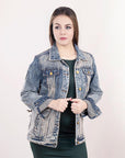 ADJKT014 Genuine leather Hand tooled hand carved Women 100% cotton Denim jacket  dress ladies girl