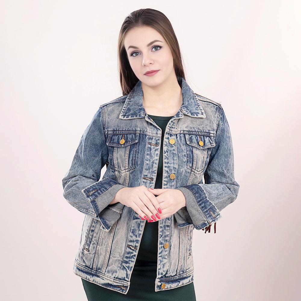 ADJKT014 Genuine leather Hand tooled hand carved Women 100% cotton Denim jacket  dress ladies girl