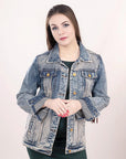 ADJKT014 Genuine leather Hand tooled hand carved Women 100% cotton Denim jacket  dress ladies girl