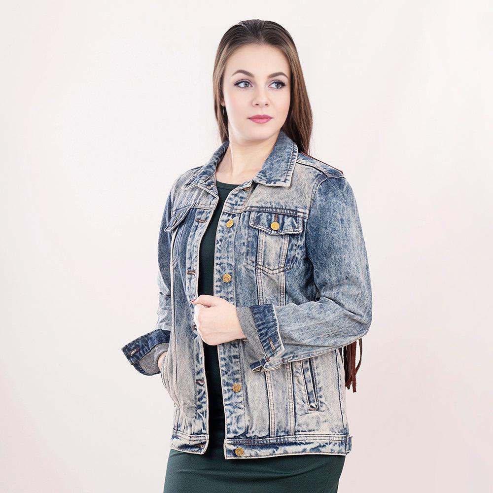 ADJKT014 Genuine leather Hand tooled hand carved Women 100% cotton Denim jacket  dress ladies girl