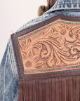 ADJKT014 Genuine leather Hand tooled hand carved Women 100% cotton Denim jacket  dress ladies girl
