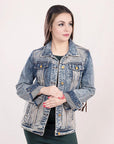 ADJKT014 Genuine leather Hand tooled hand carved Women 100% cotton Denim jacket  dress ladies girl