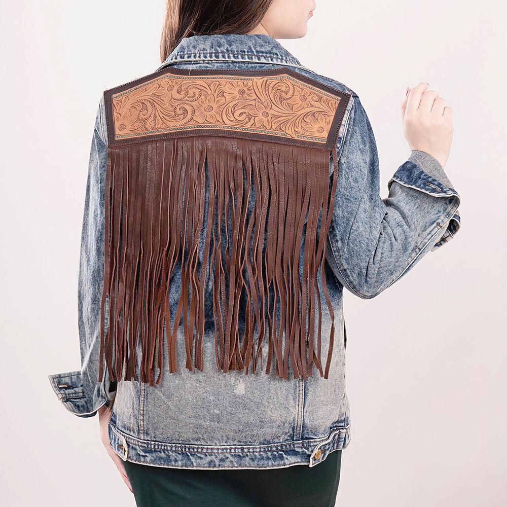 ADJKT014 Genuine leather Hand tooled hand carved Women 100% cotton Denim jacket  dress ladies girl