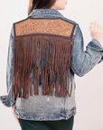 ADJKT014 Genuine leather Hand tooled hand carved Women 100% cotton Denim jacket  dress ladies girl