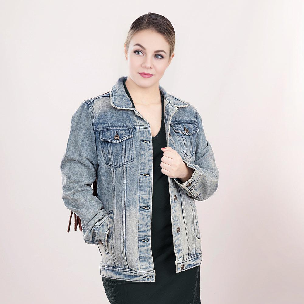 ADJKT015 Genuine leather Hand tooled hand carved Women 100% cotton Denim jacket  dress ladies girl