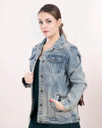 ADJKT015 Genuine leather Hand tooled hand carved Women 100% cotton Denim jacket  dress ladies girl